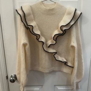 Sezane White Pullover Jumper with Navy Trim Size Small